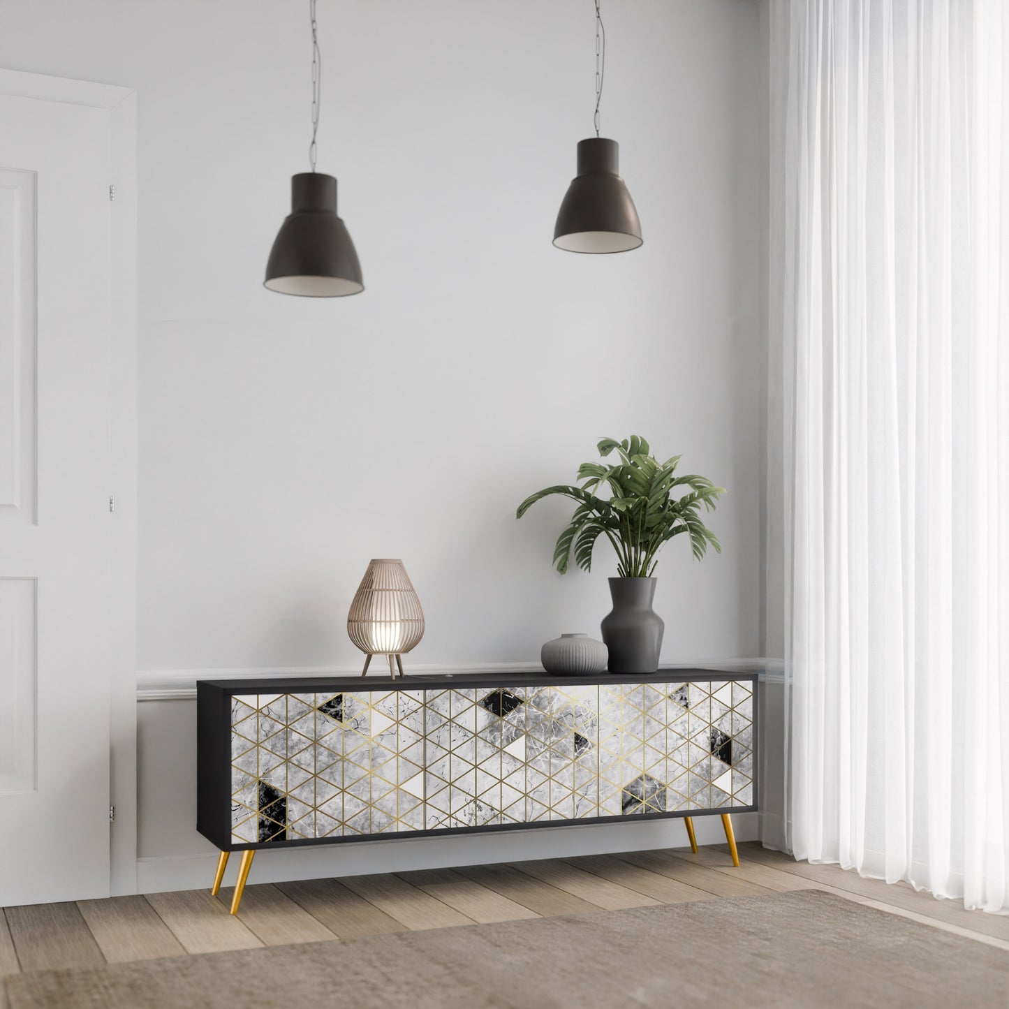 ASHEN ARIA 3-Door TV Stand in Black Finish