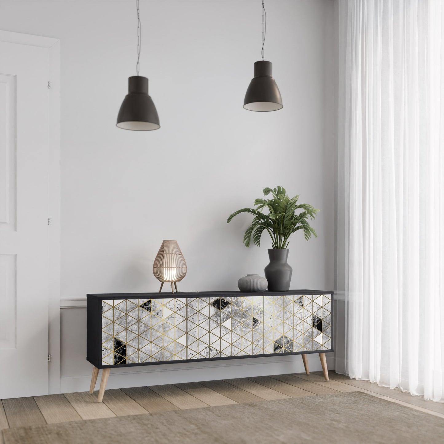 ASHEN ARIA 3-Door TV Stand in Black Finish