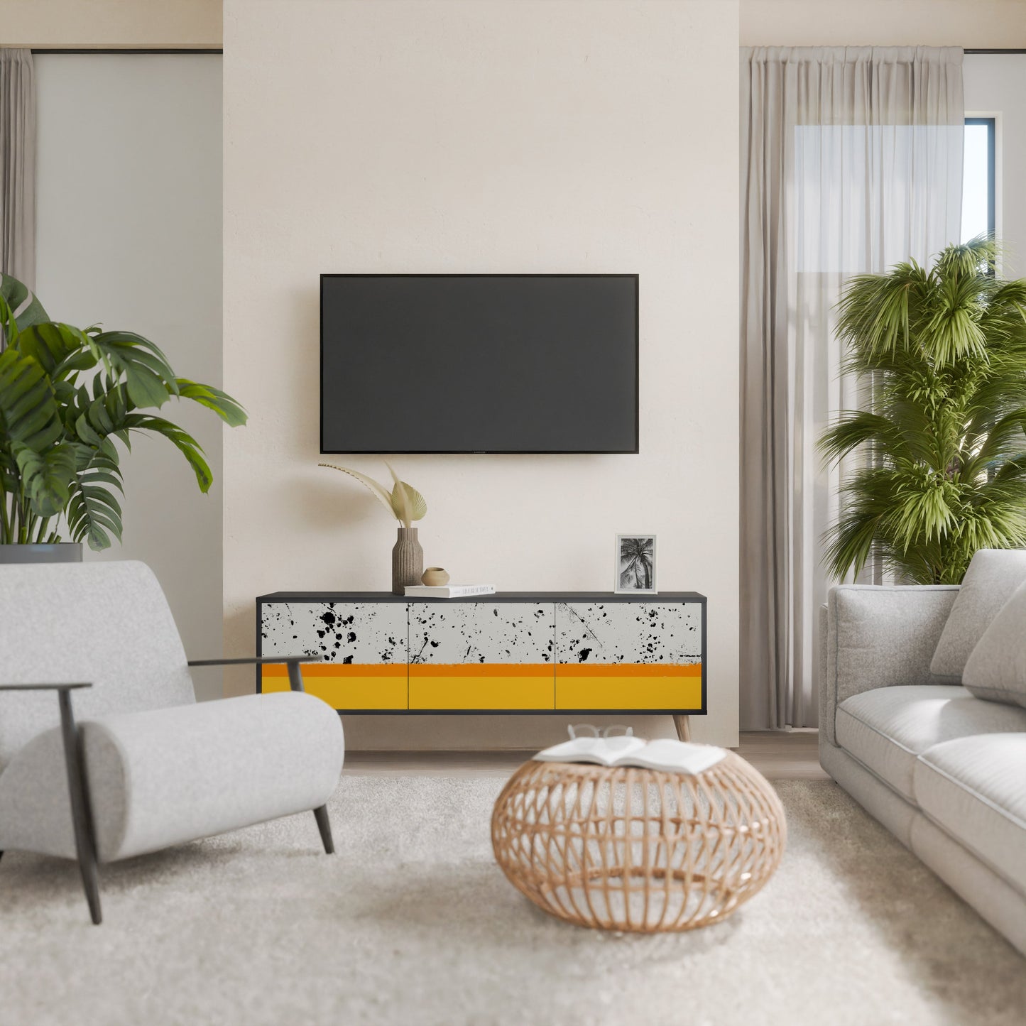 DYED BY ORANGE 3-Door TV Stand in Black Finish