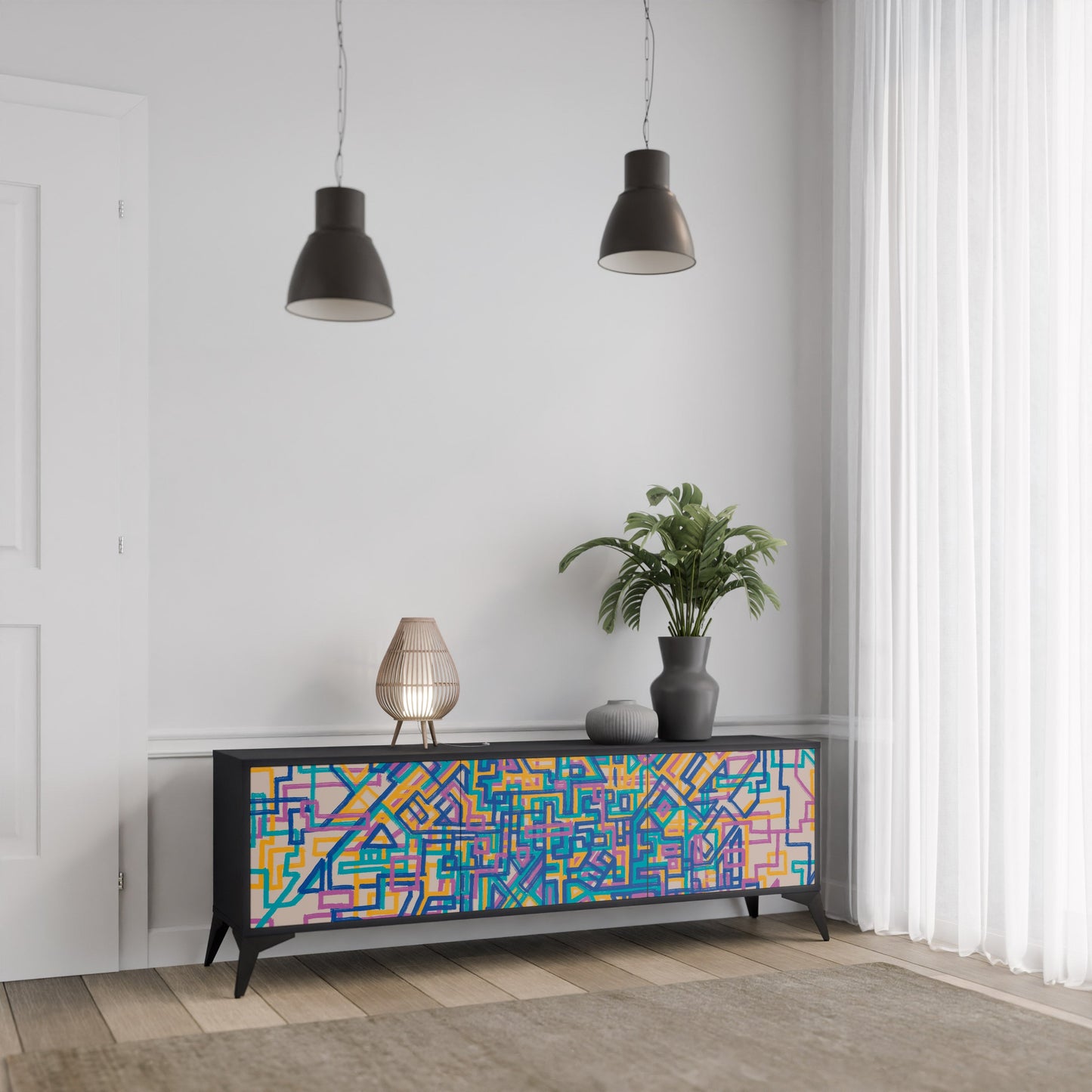 MEMORIES MAP 3-Door TV Stand in Black Finish