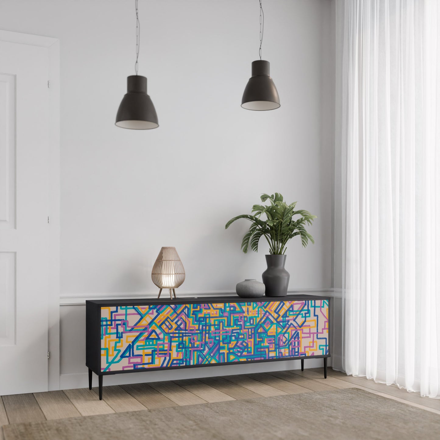 MEMORIES MAP 3-Door TV Stand in Black Finish