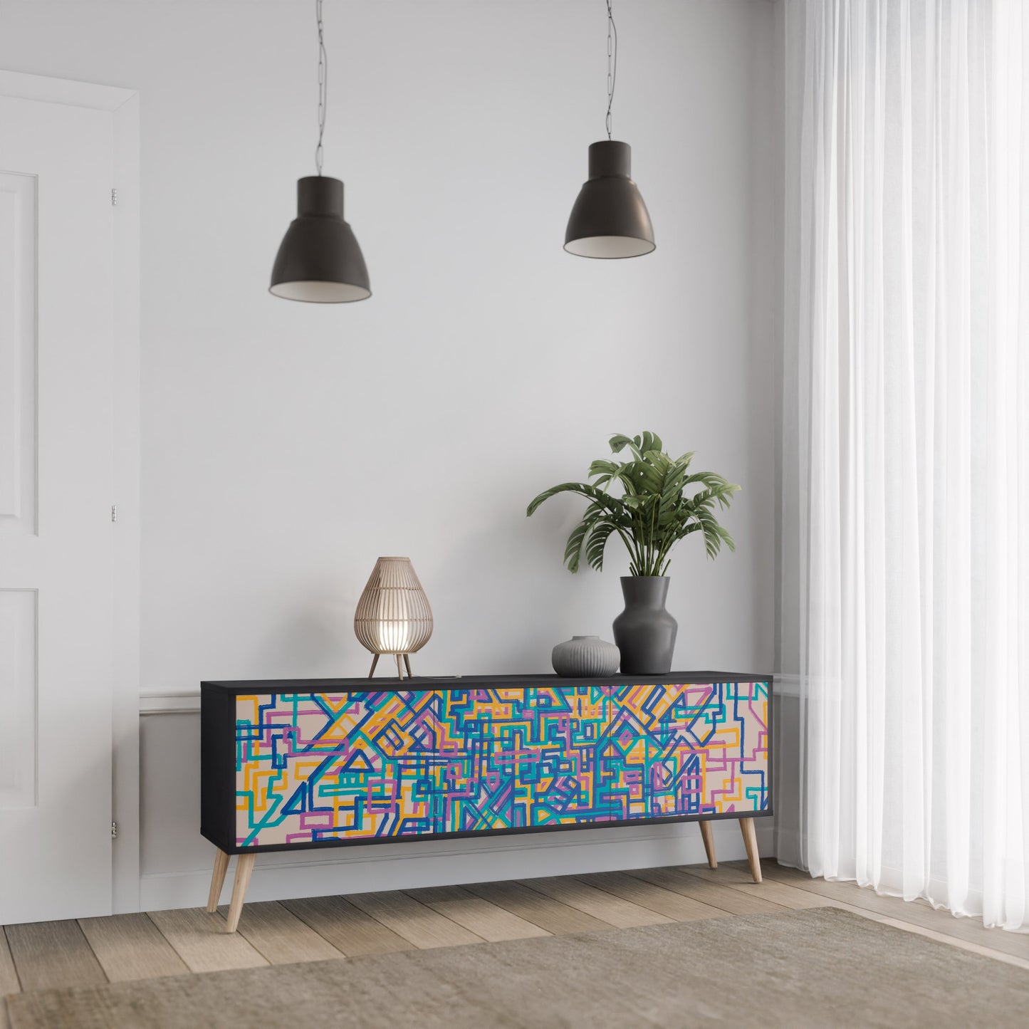 MEMORIES MAP 3-Door TV Stand in Black Finish