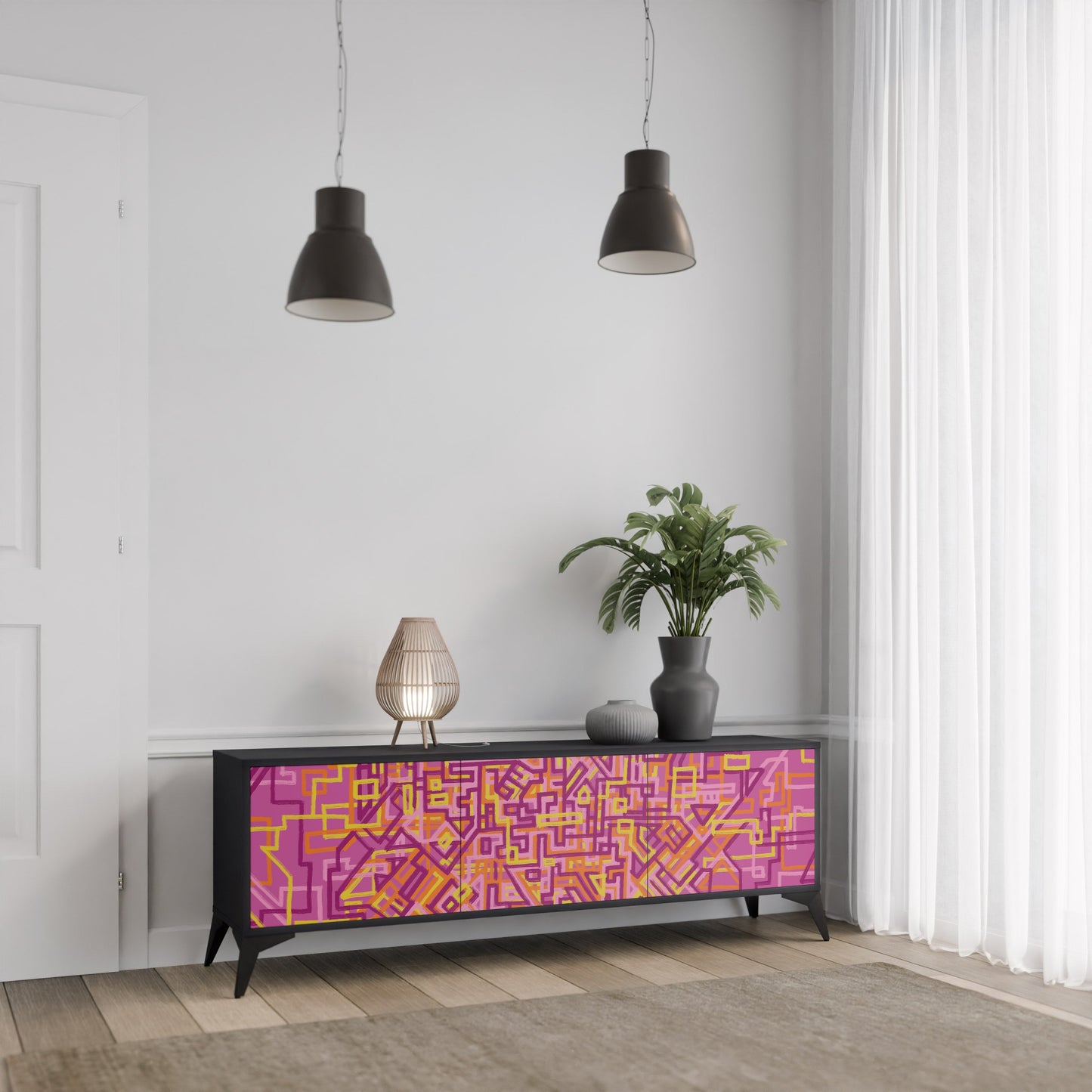 LOVELY MEMORIES 3-Door TV Stand in Black Finish