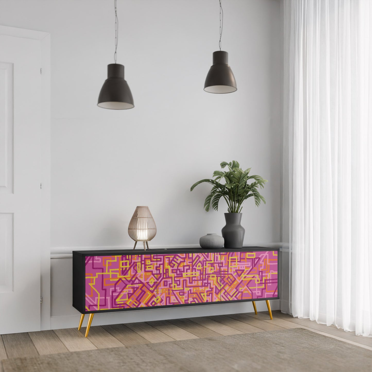 LOVELY MEMORIES 3-Door TV Stand in Black Finish