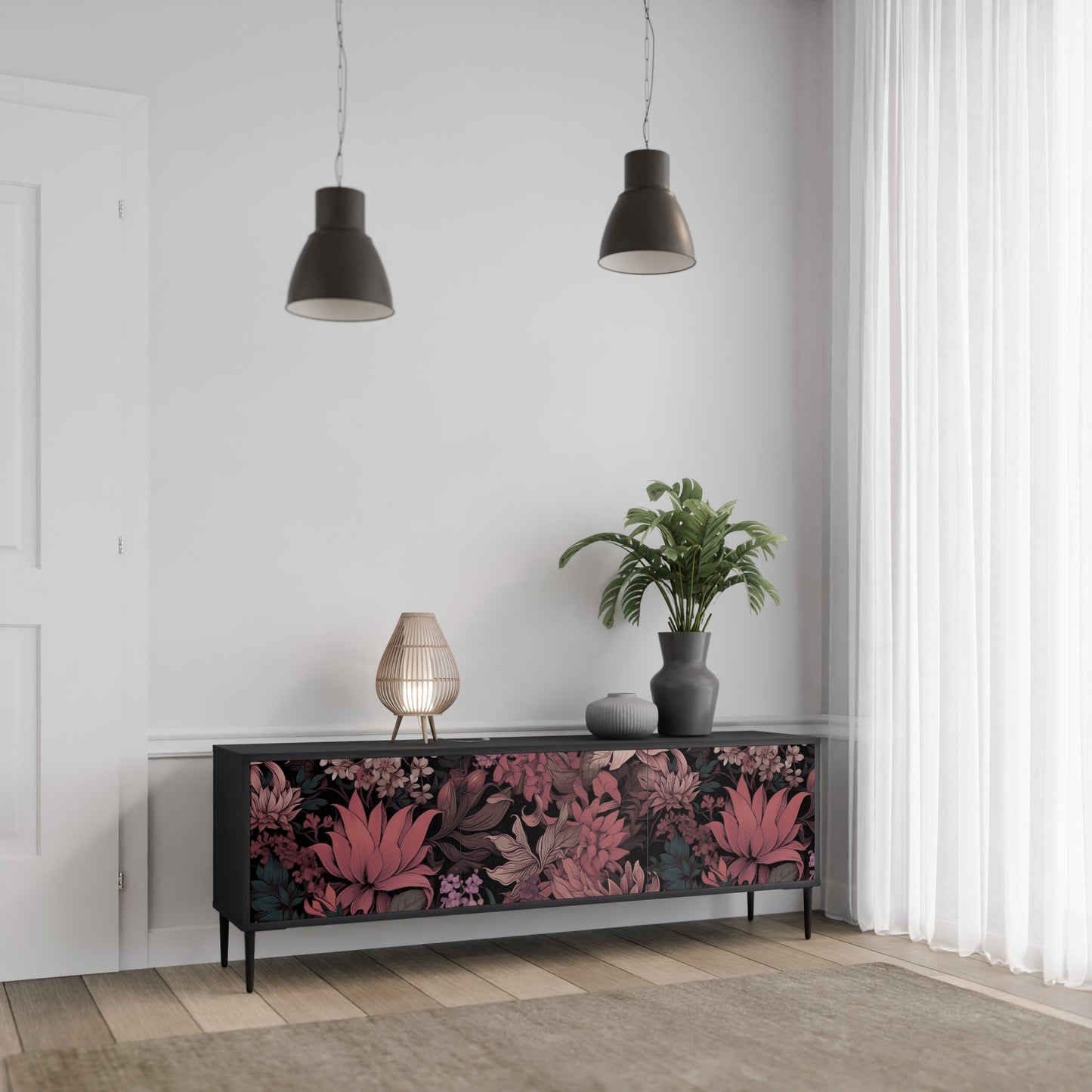 FLORAL WHISPER 3-dörrars TV-bänk i svart finish