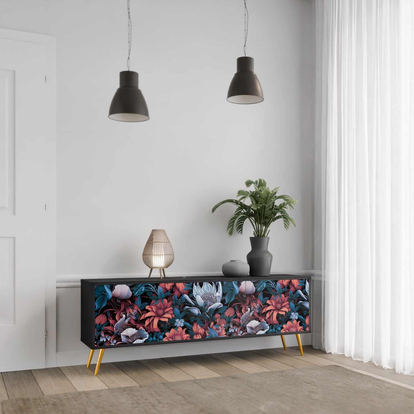 ETHEREAL BLOSSOMS 3-dörrars TV-bänk i svart finish