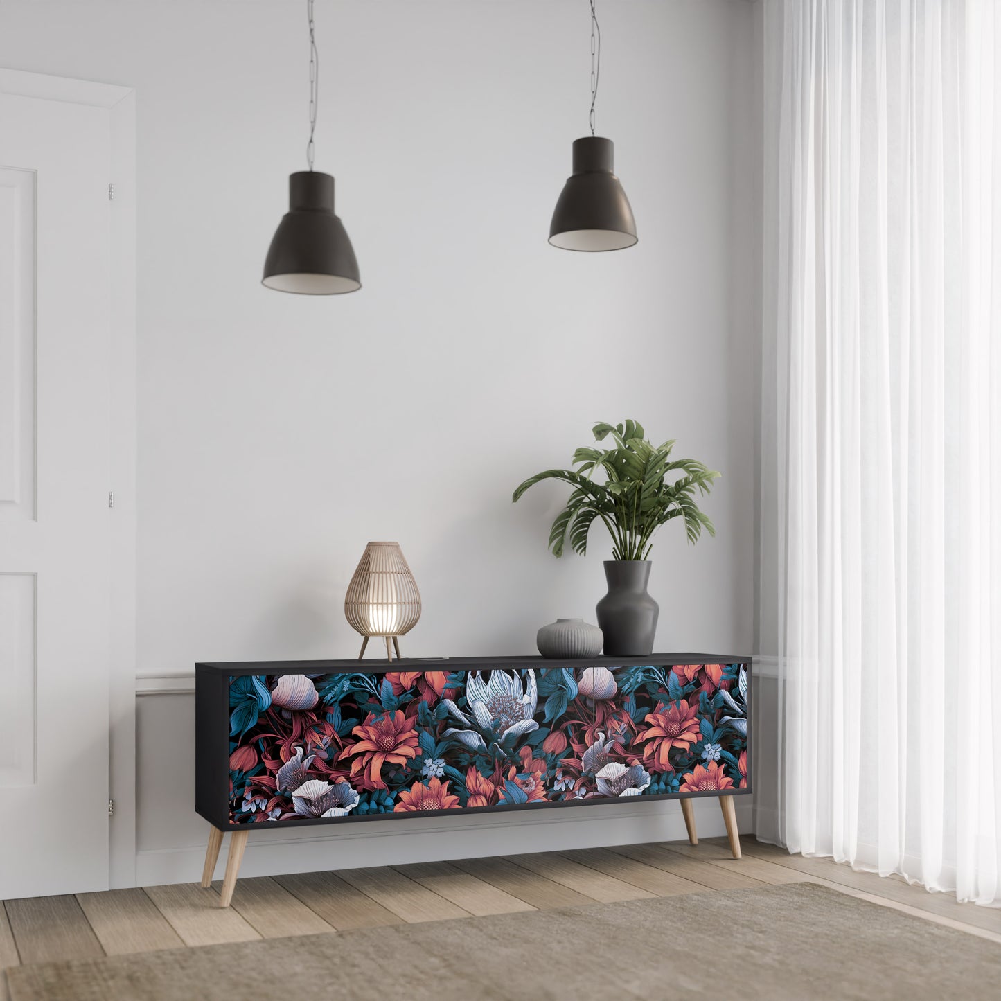 ETHEREAL BLOSSOMS 3-dörrars TV-bänk i svart finish