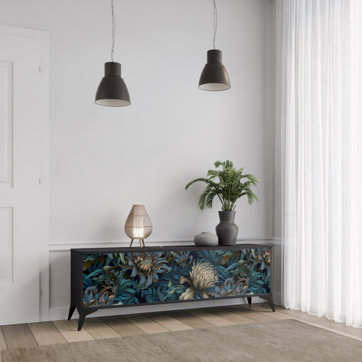 TWILIGHT BLOOM 3-dörrars TV-bänk i svart finish