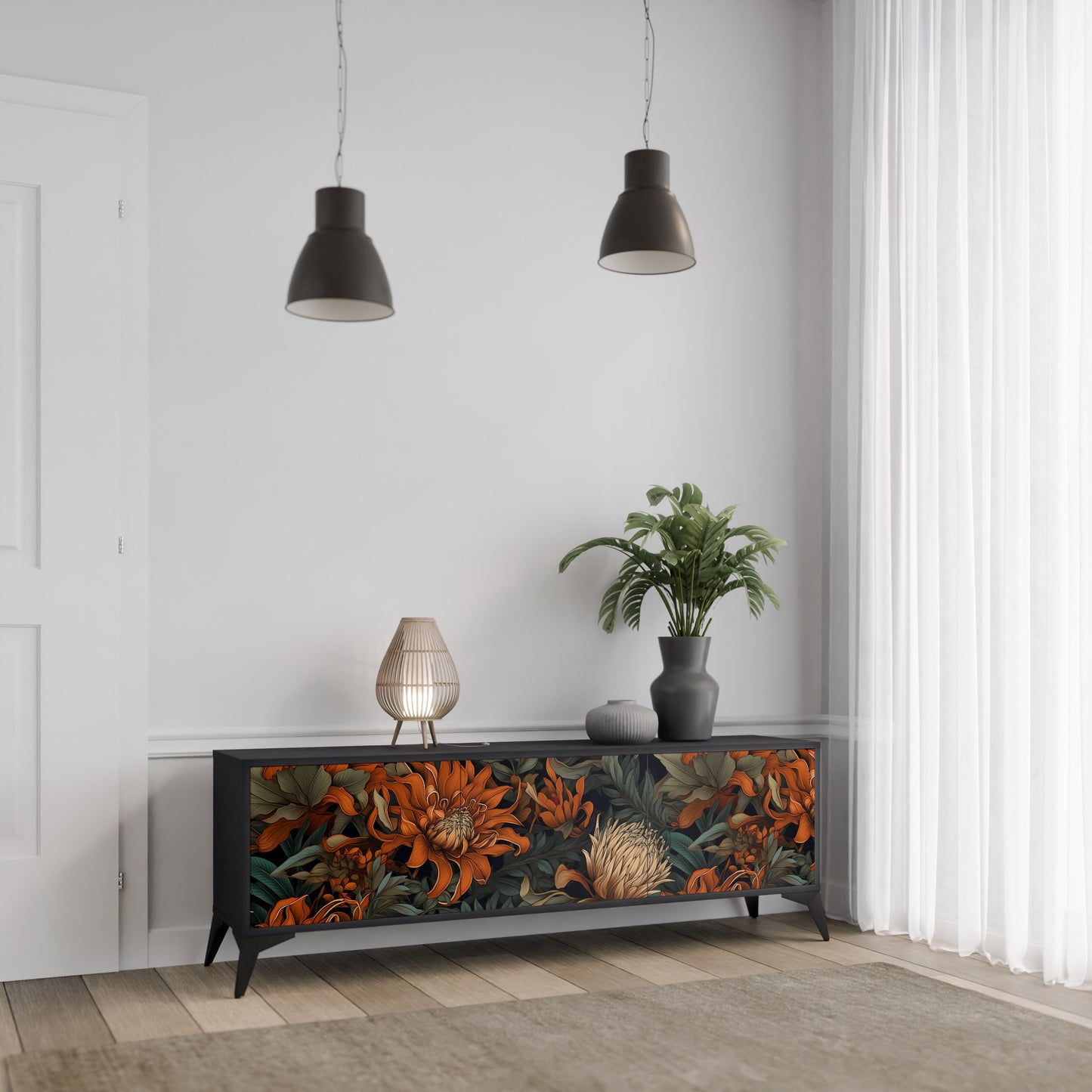 DAWN BLOOM 3-dörrars TV-bänk i svart finish