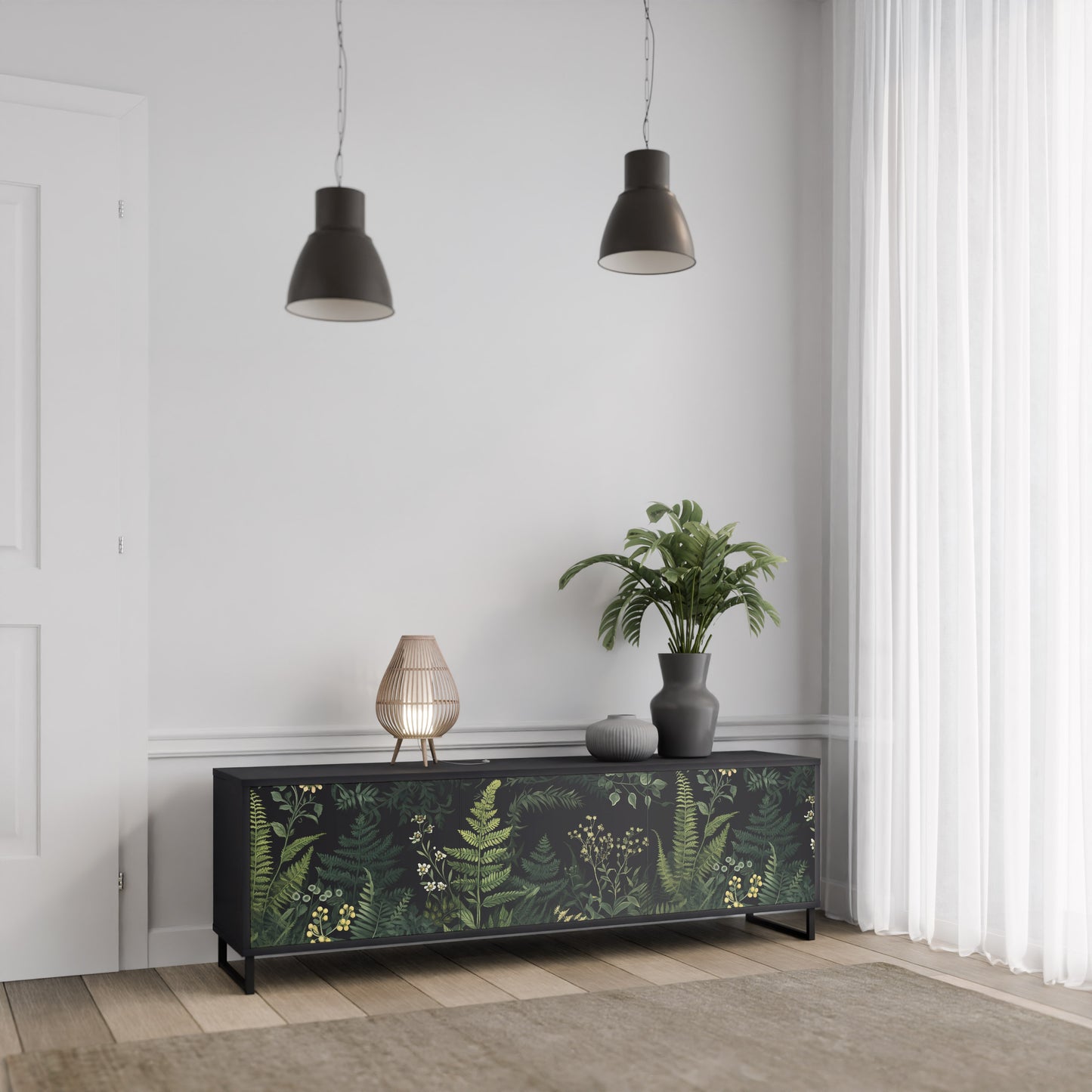 FERN FLOWERS 3-Door TV Stand in Black Finish