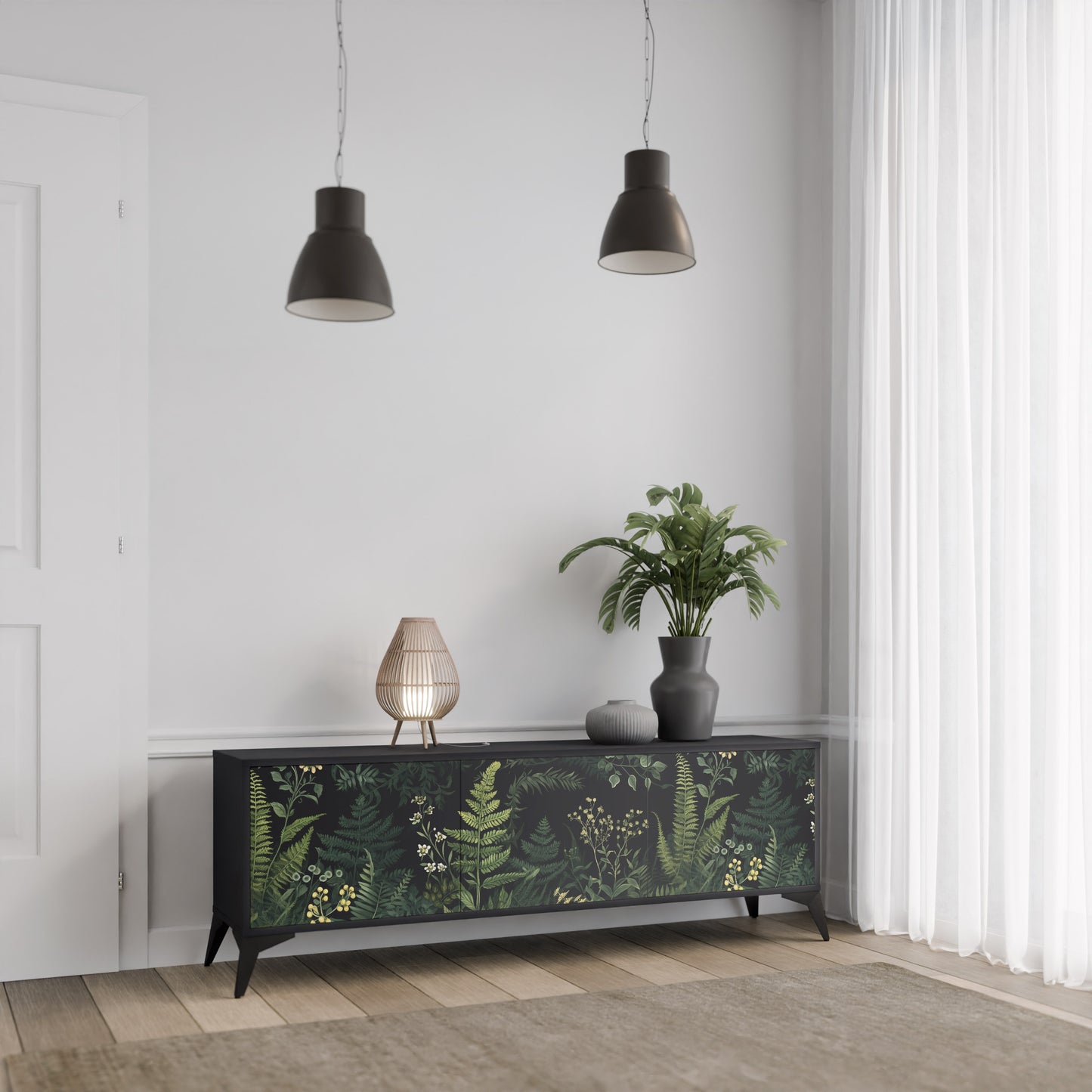 FERN FLOWERS 3-Door TV Stand in Black Finish