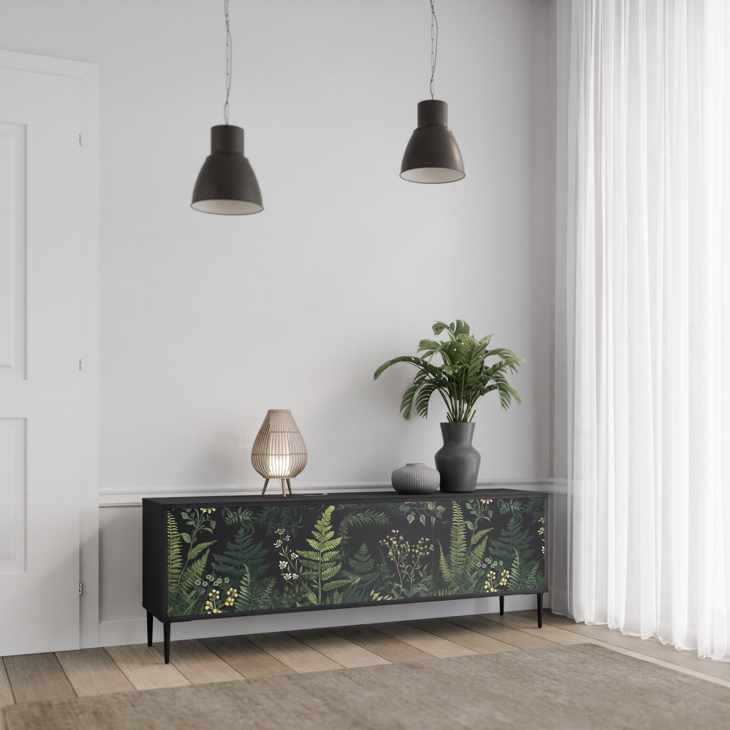 FERN FLOWERS 3-Door TV Stand in Black Finish
