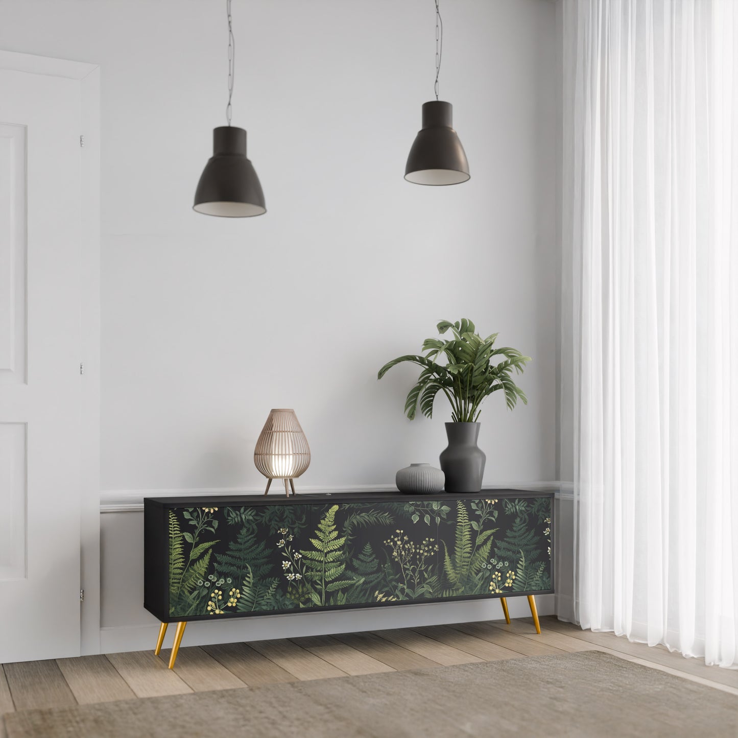 FERN FLOWERS 3-Door TV Stand in Black Finish