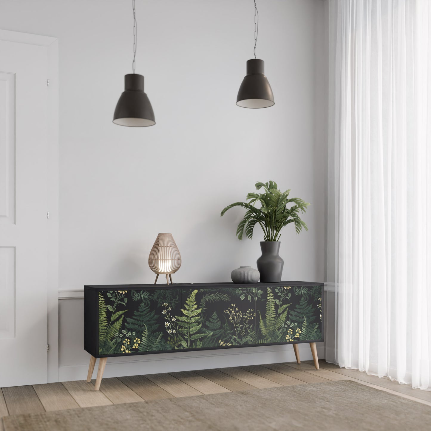 FERN FLOWERS 3-Door TV Stand in Black Finish
