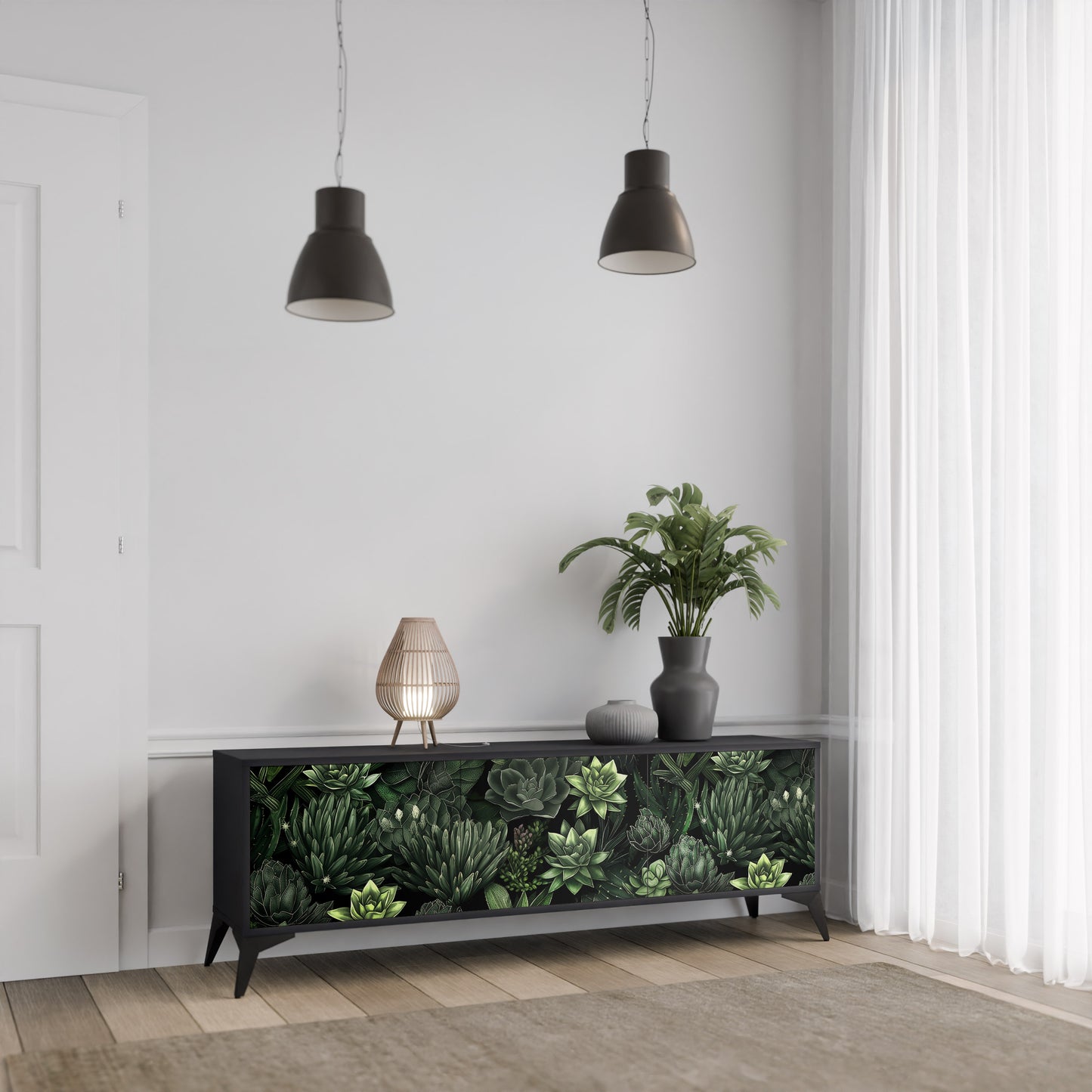 SUCCULENT JUNGLE 3-dörrars TV-bänk i svart finish