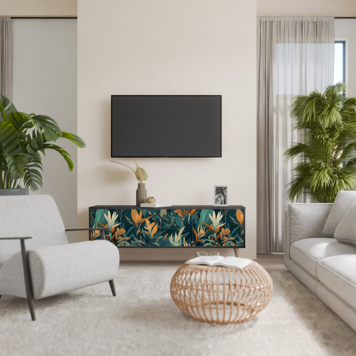 FLORAL SERENITY 3-dörrars TV-bänk i svart finish