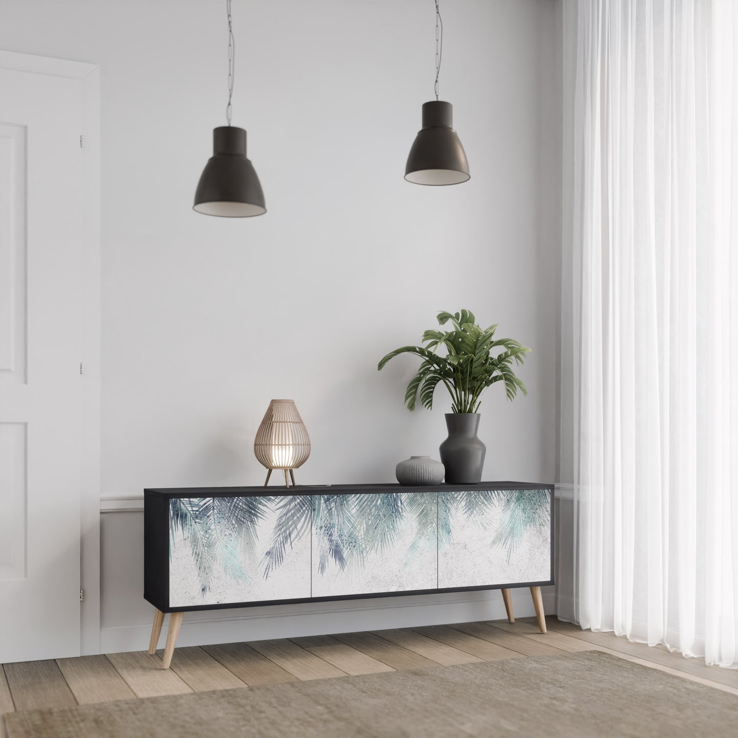 PALM VEIL 3-dörrars TV-bänk i svart finish