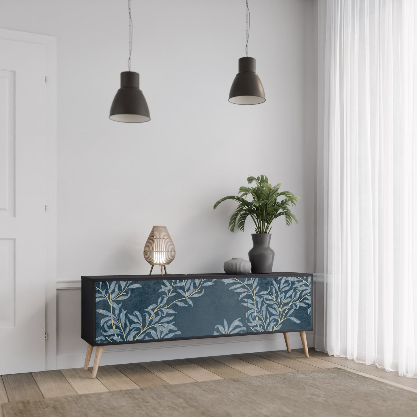 BLUE LEAVES 3-dörrars TV-bänk i svart finish