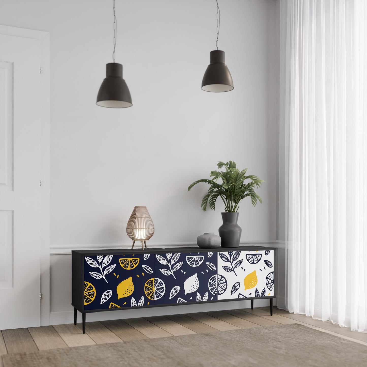 CITRUS SVART OCH VITT 3-dörrars TV-bänk i svart finish