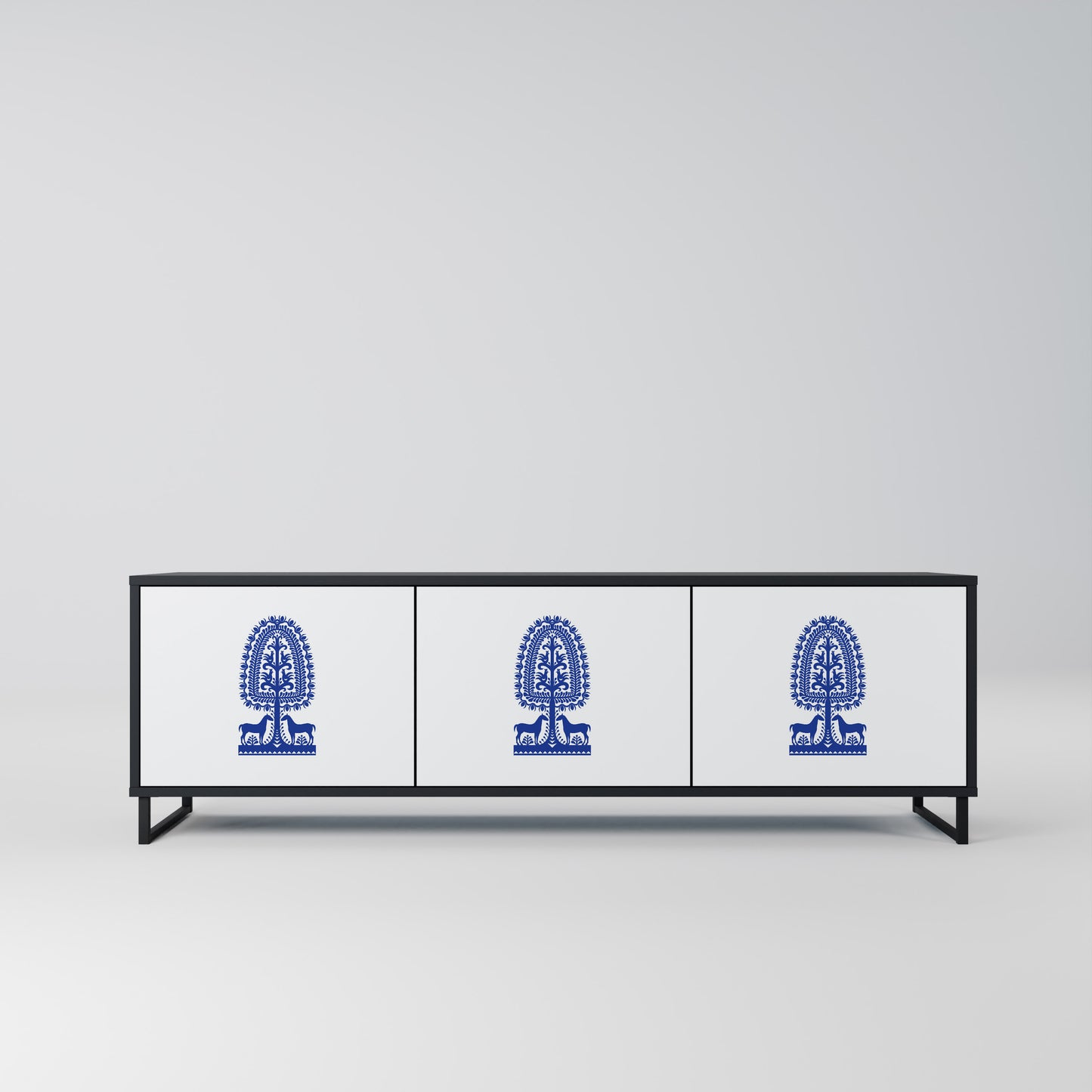 POLISH FOLK ART 3-dörrars TV-bänk i svart finish