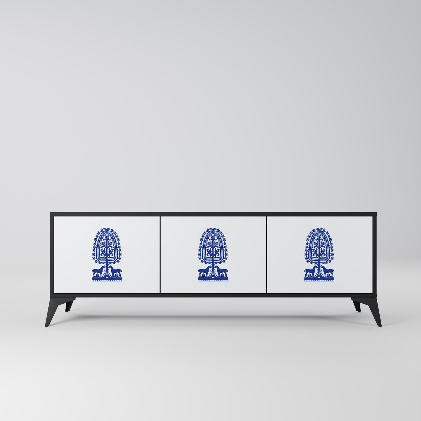 POLISH FOLK ART 3-dörrars TV-bänk i svart finish
