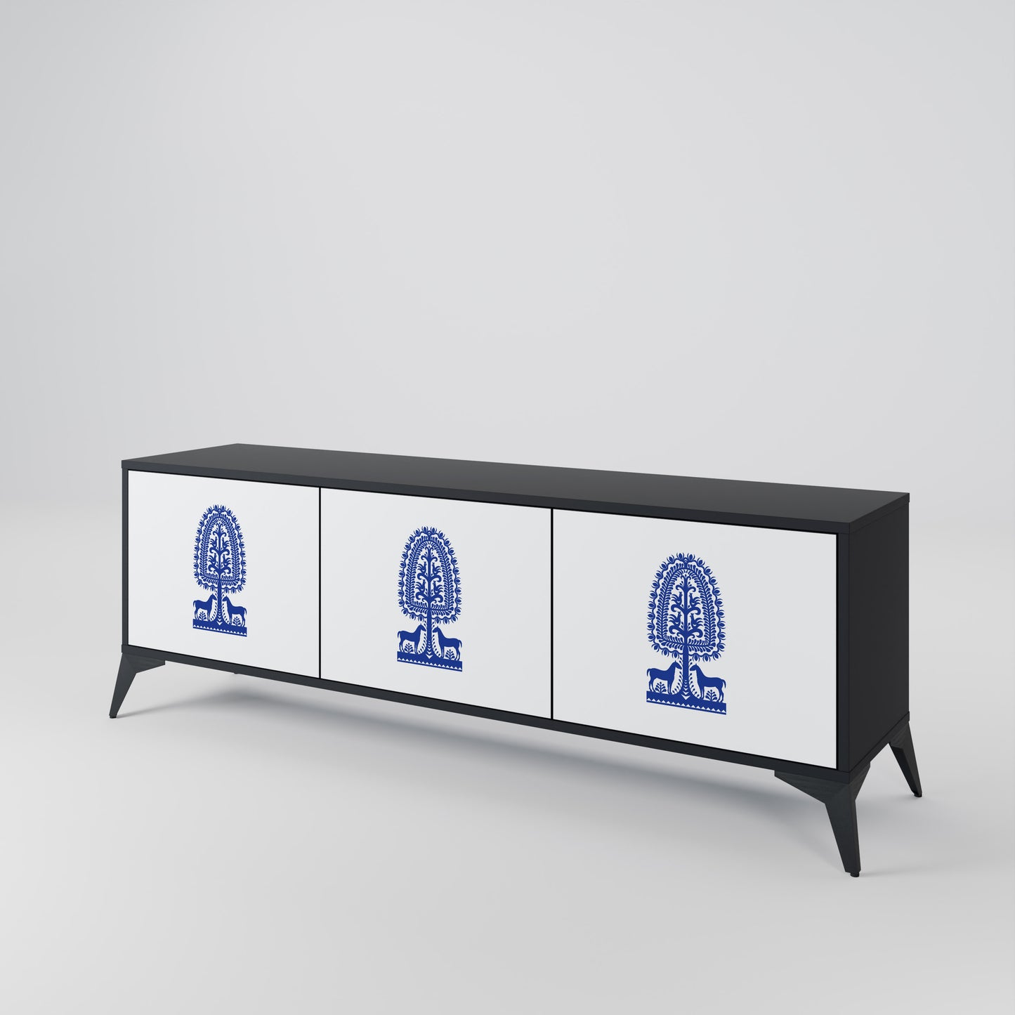 POLISH FOLK ART 3-dörrars TV-bänk i svart finish
