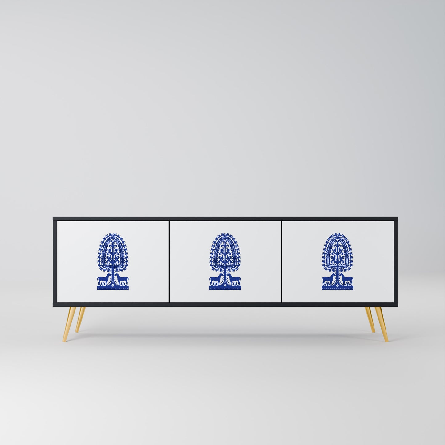 POLISH FOLK ART 3-dörrars TV-bänk i svart finish