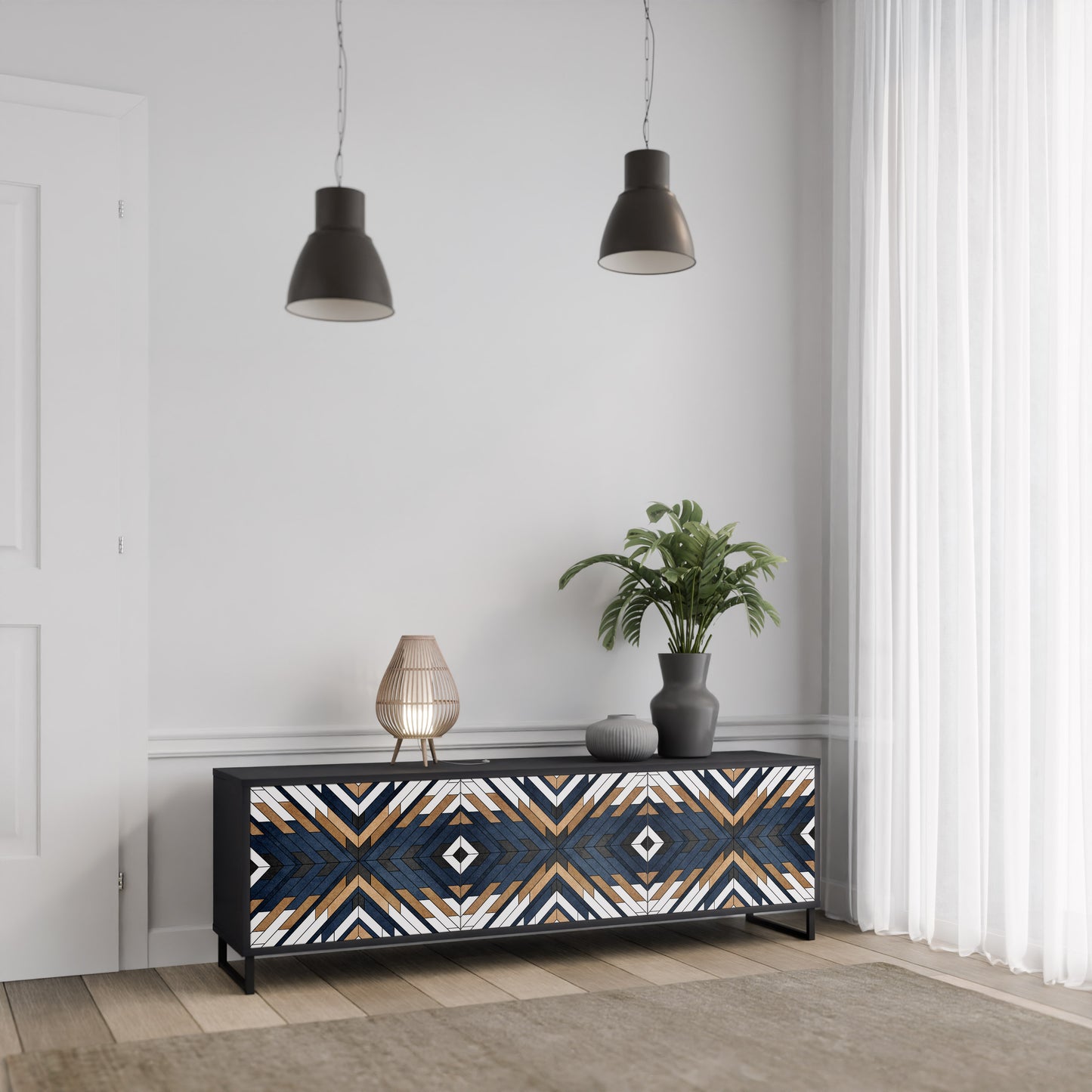 ARTFUL GEOMETRY 3-Door TV Stand in Black Finish