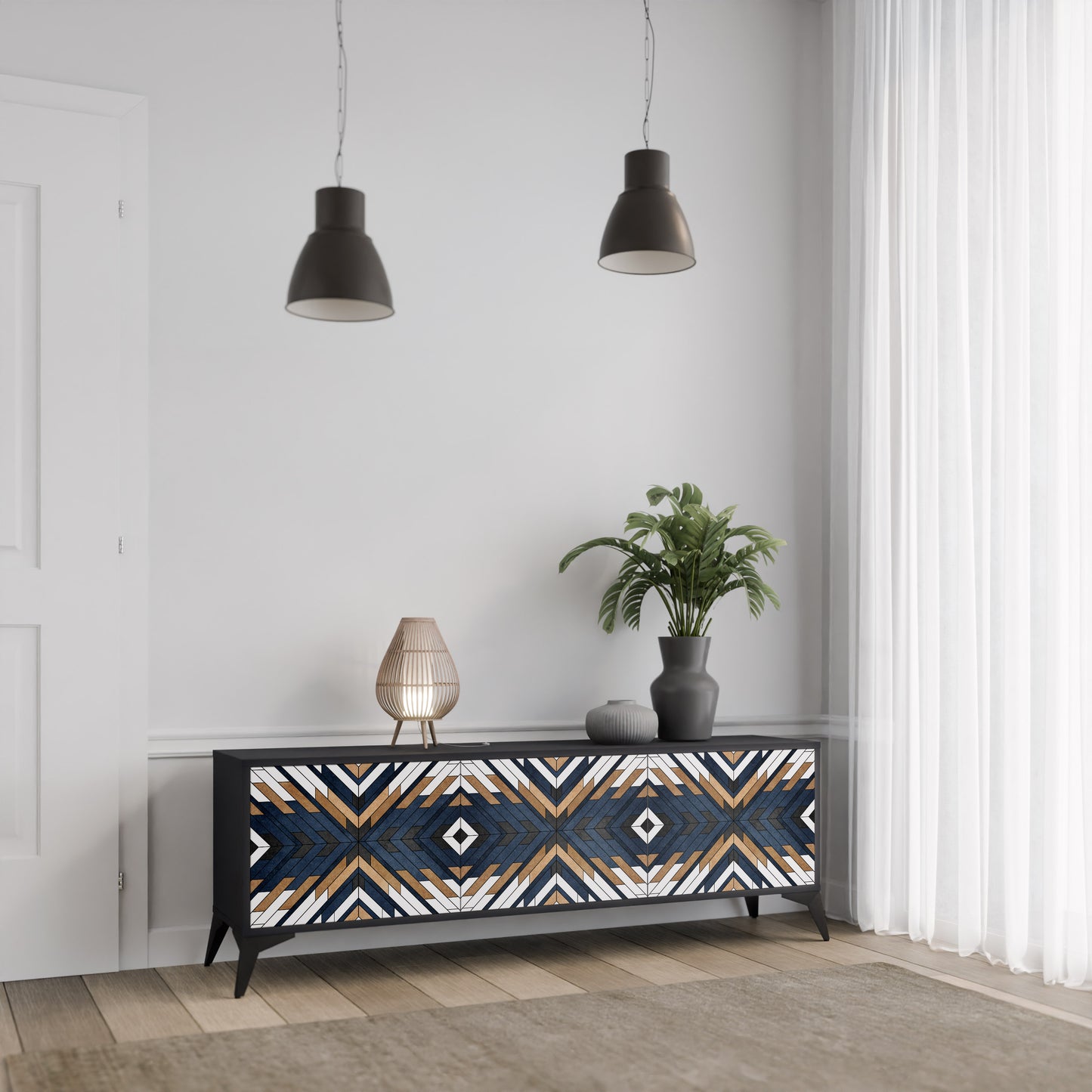 ARTFUL GEOMETRY 3-Door TV Stand in Black Finish