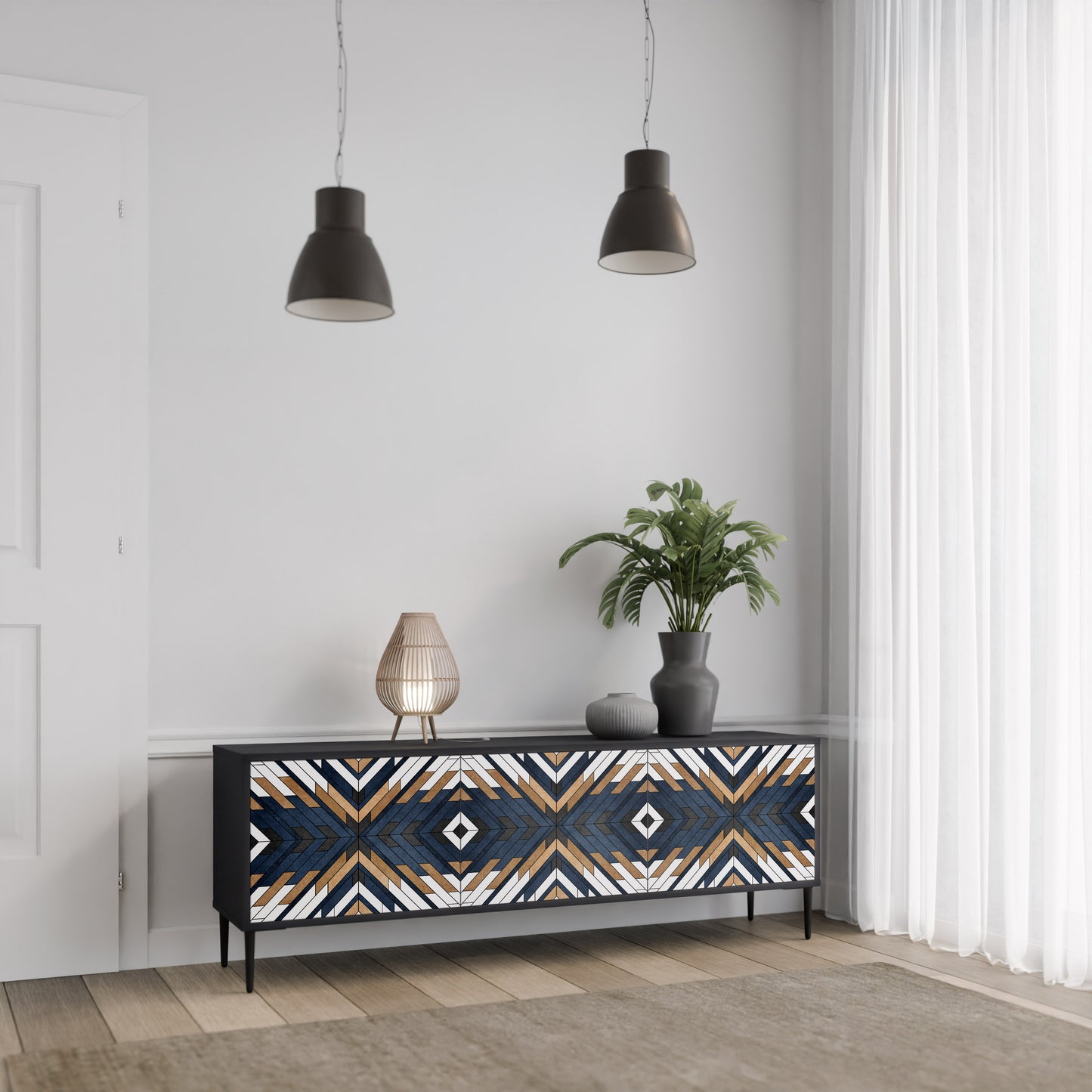 ARTFUL GEOMETRY 3-Door TV Stand in Black Finish