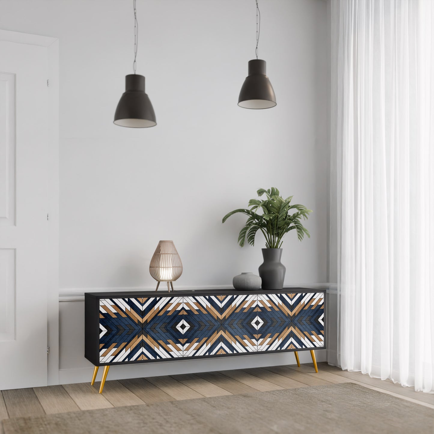ARTFUL GEOMETRY 3-Door TV Stand in Black Finish