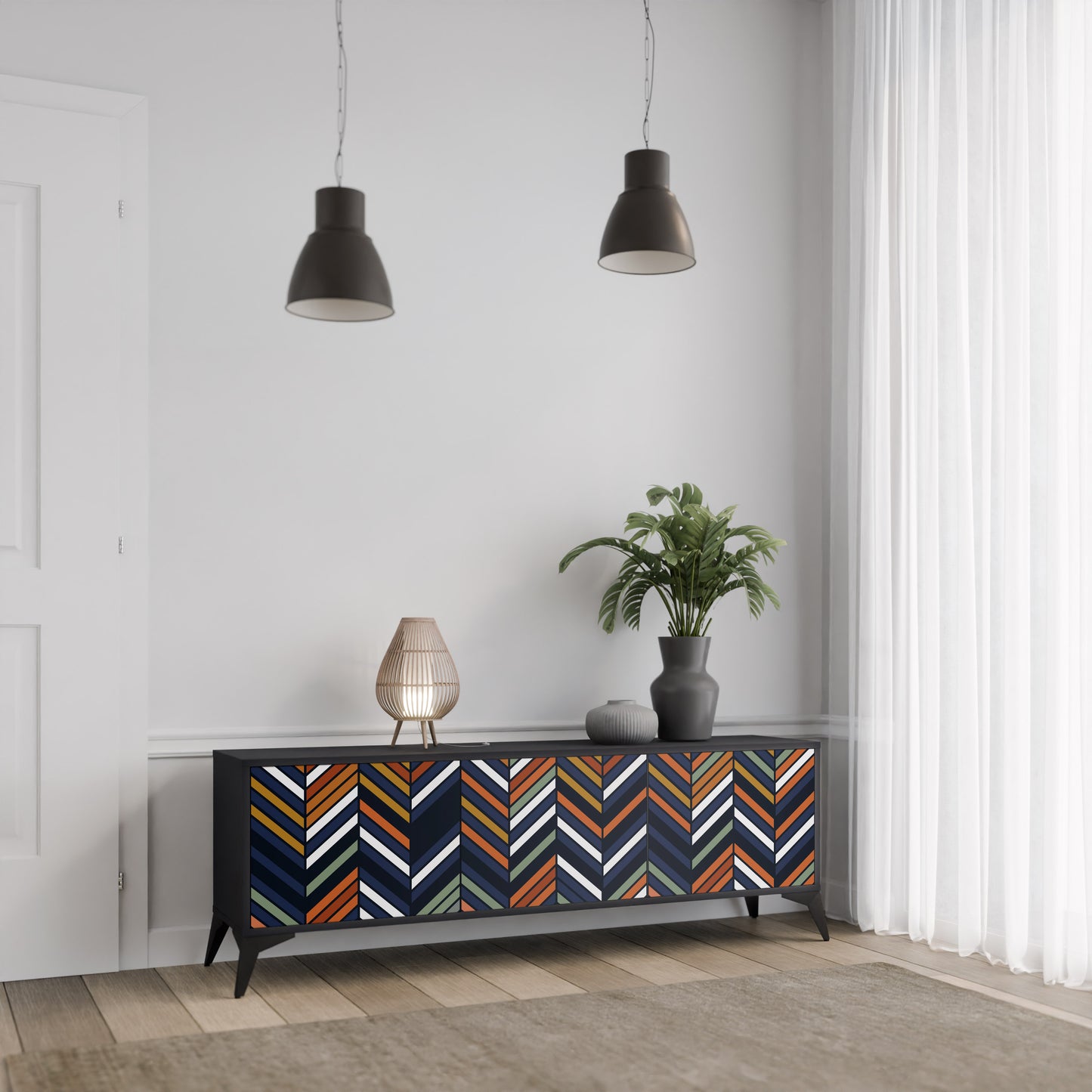 VIBRANT PATCHWORK 3-dörrars TV-bänk i svart finish
