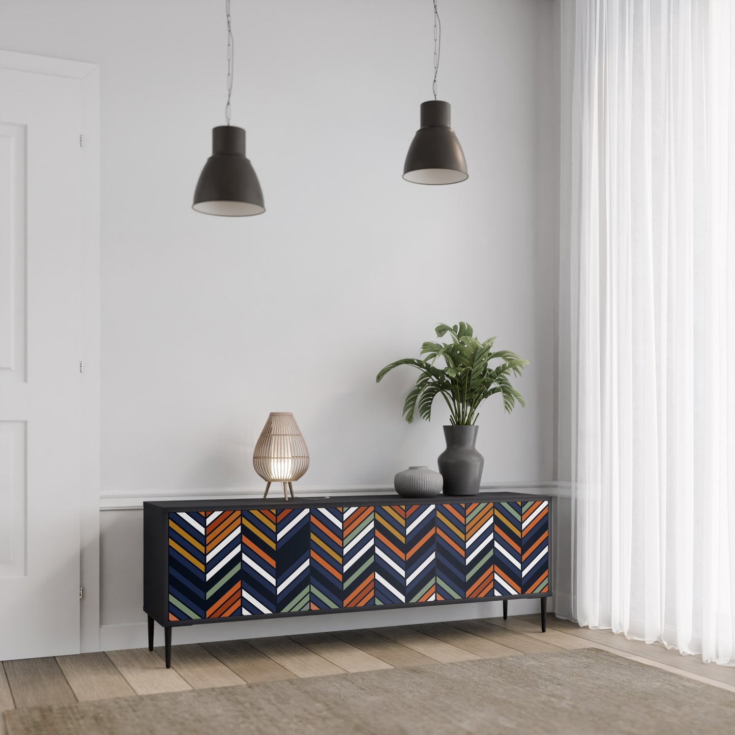 VIBRANT PATCHWORK 3-dörrars TV-bänk i svart finish