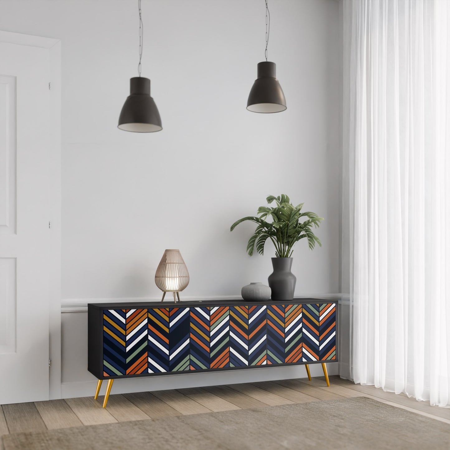 VIBRANT PATCHWORK 3-dörrars TV-bänk i svart finish
