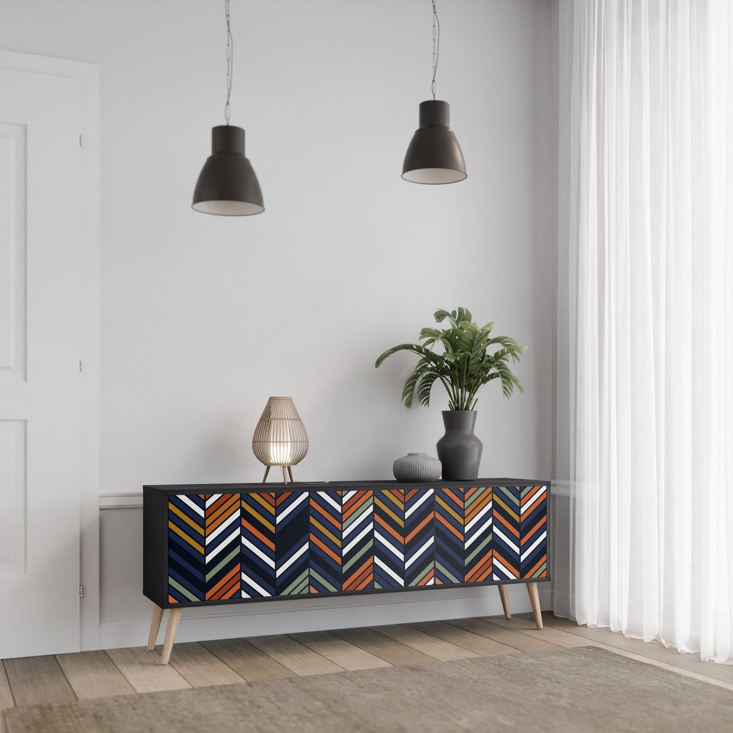 VIBRANT PATCHWORK 3-dörrars TV-bänk i svart finish