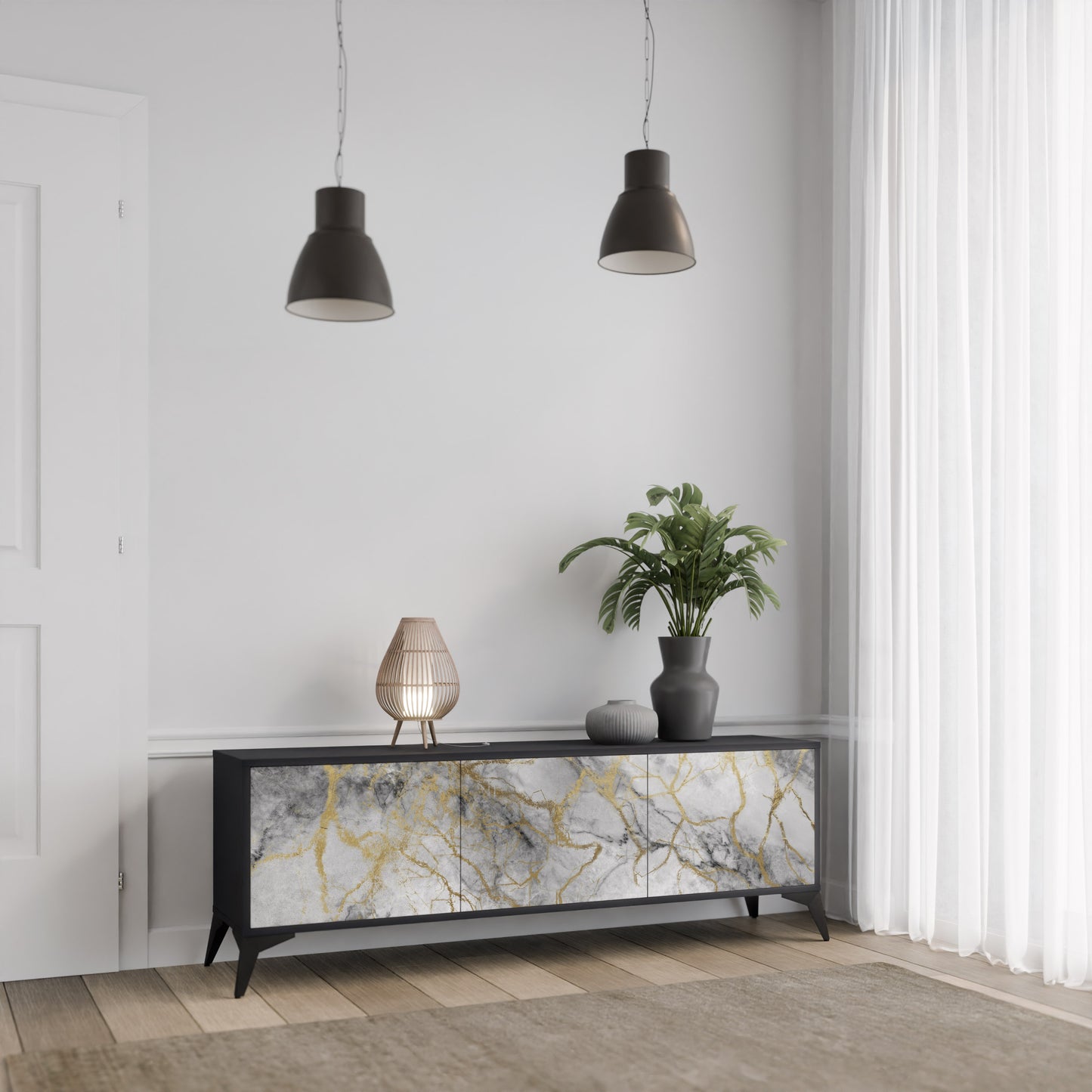 TIMELESS GLIDE 3-dörrars TV-bänk i svart finish