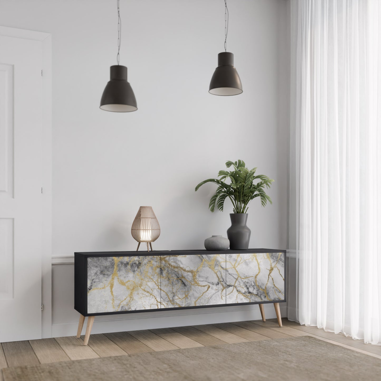 TIMELESS GLIDE 3-dörrars TV-bänk i svart finish