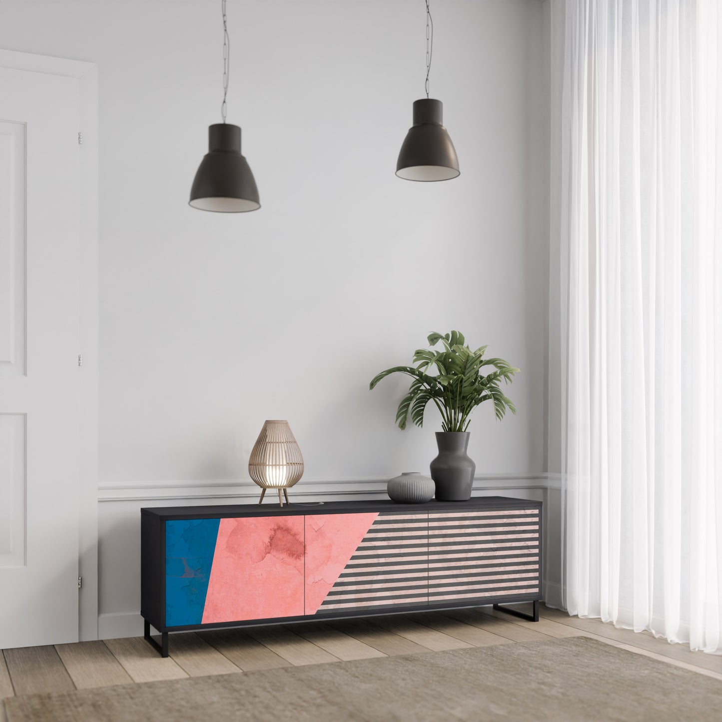 GLAMÖR STRIPE 3-dörrars TV-bänk i svart finish