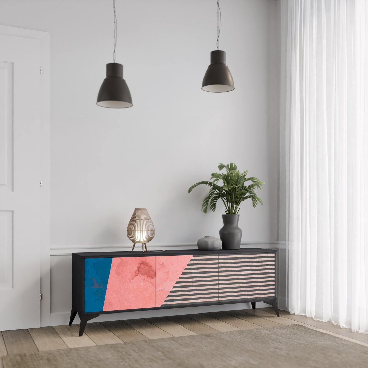 GLAMÖR STRIPE 3-dörrars TV-bänk i svart finish