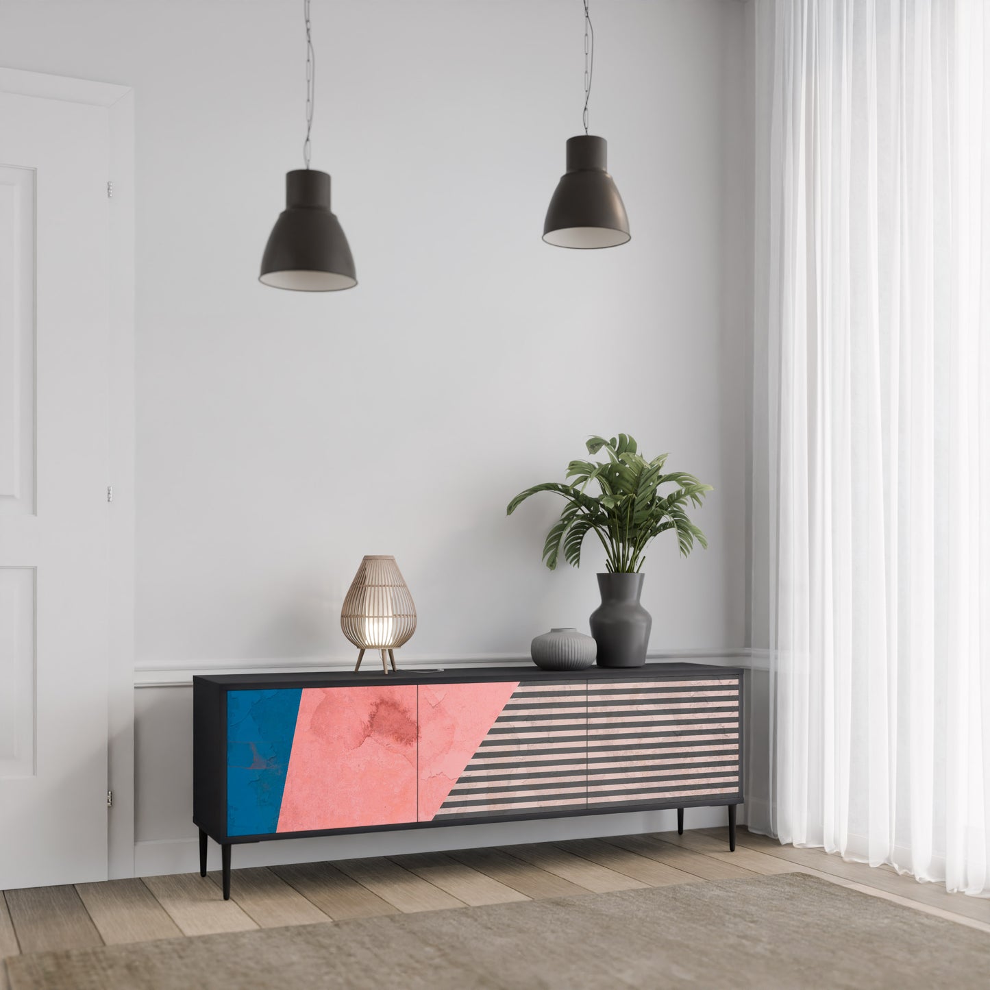 GLAMÖR STRIPE 3-dörrars TV-bänk i svart finish