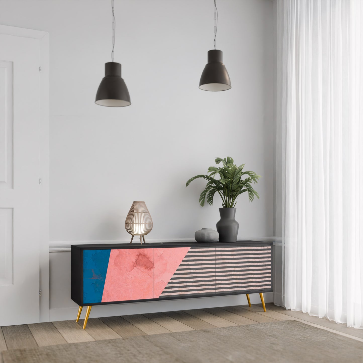 GLAMÖR STRIPE 3-dörrars TV-bänk i svart finish