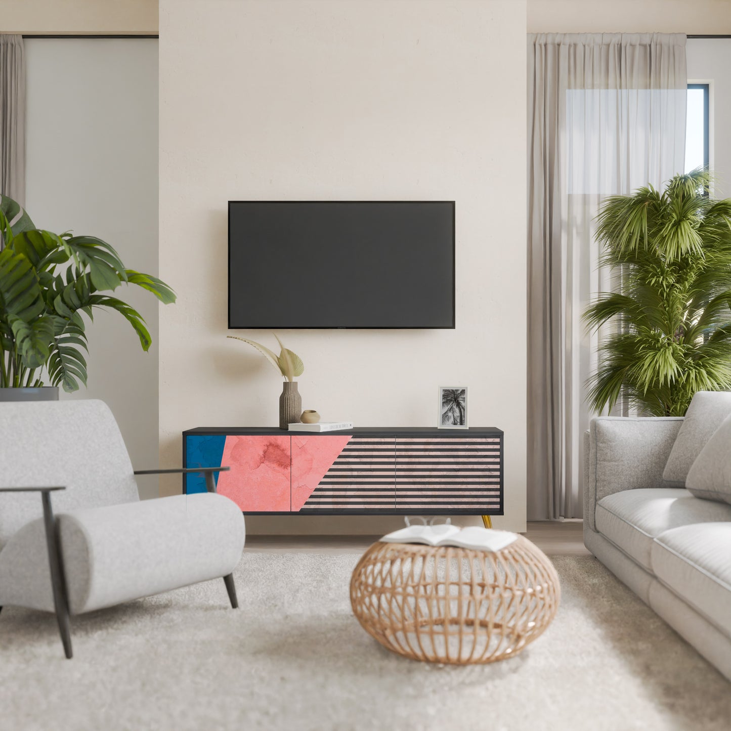 GLAMÖR STRIPE 3-dörrars TV-bänk i svart finish