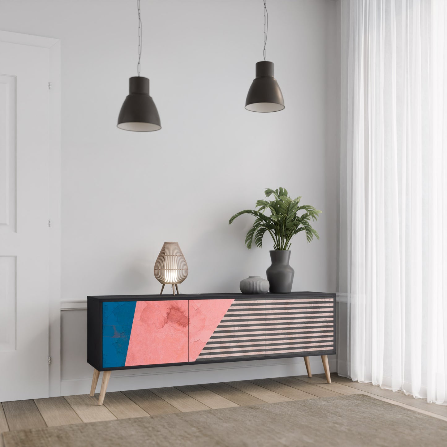 GLAMÖR STRIPE 3-dörrars TV-bänk i svart finish
