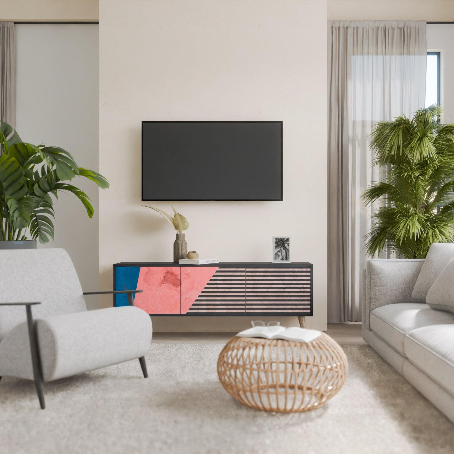 GLAMÖR STRIPE 3-dörrars TV-bänk i svart finish