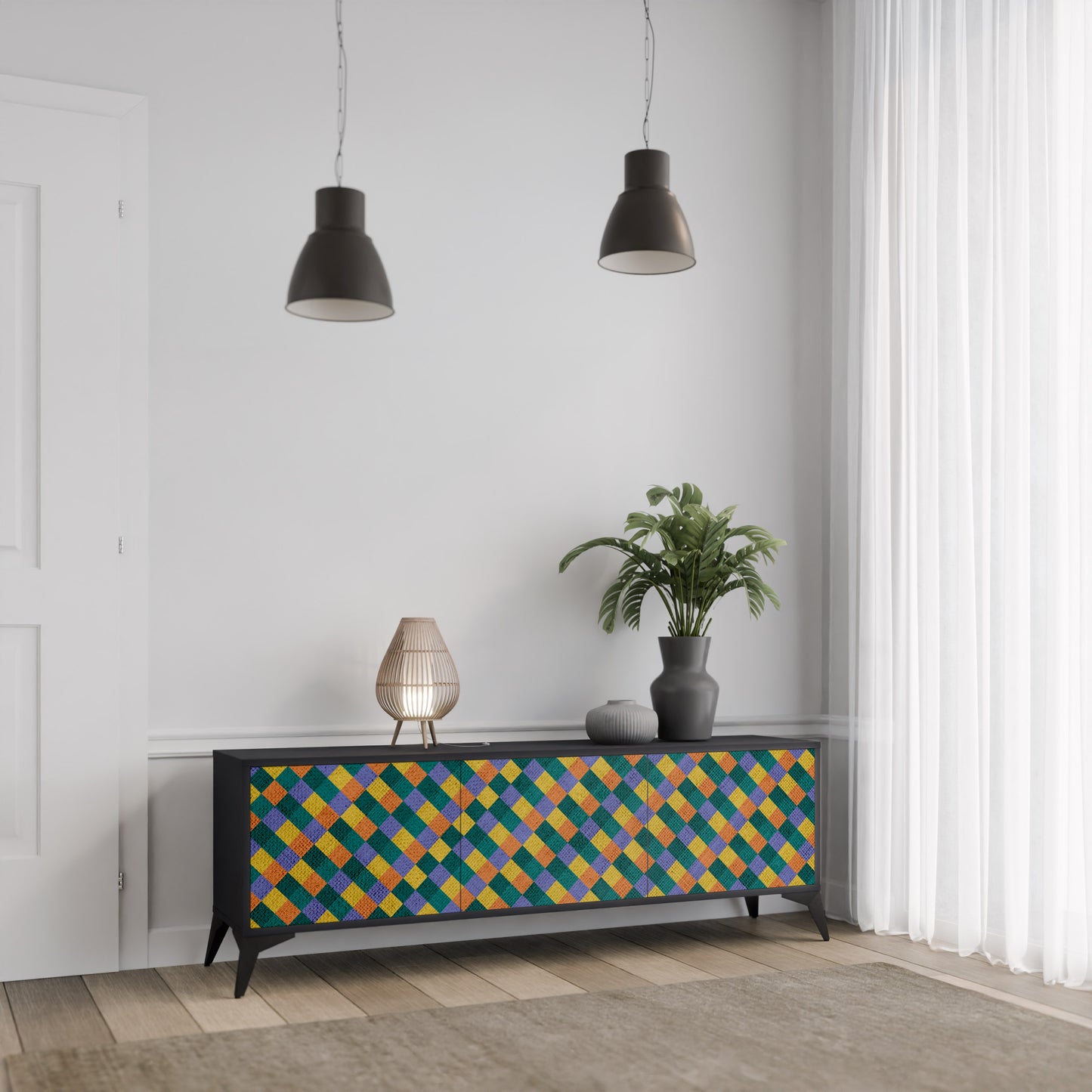 PAINTED SQUARES MIX 3-dörrars TV-bänk i svart finish
