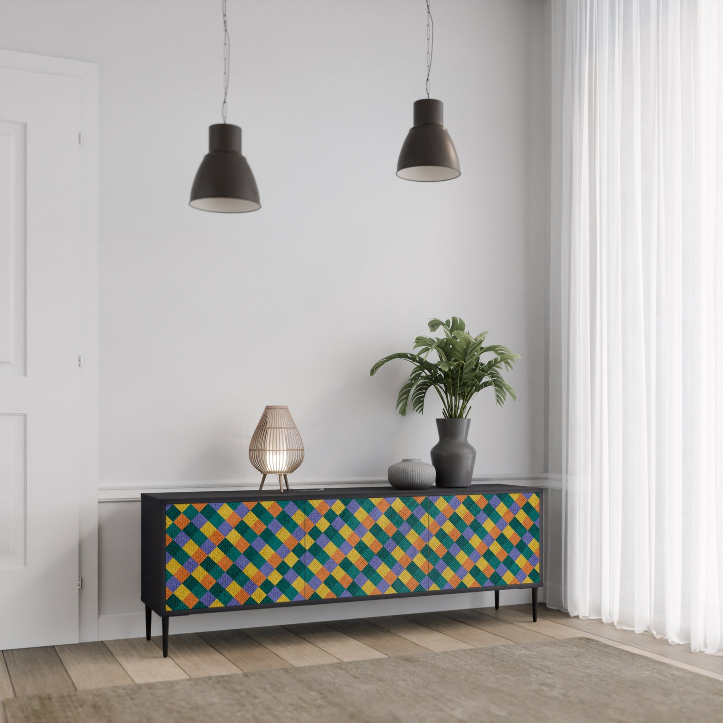 PAINTED SQUARES MIX 3-dörrars TV-bänk i svart finish