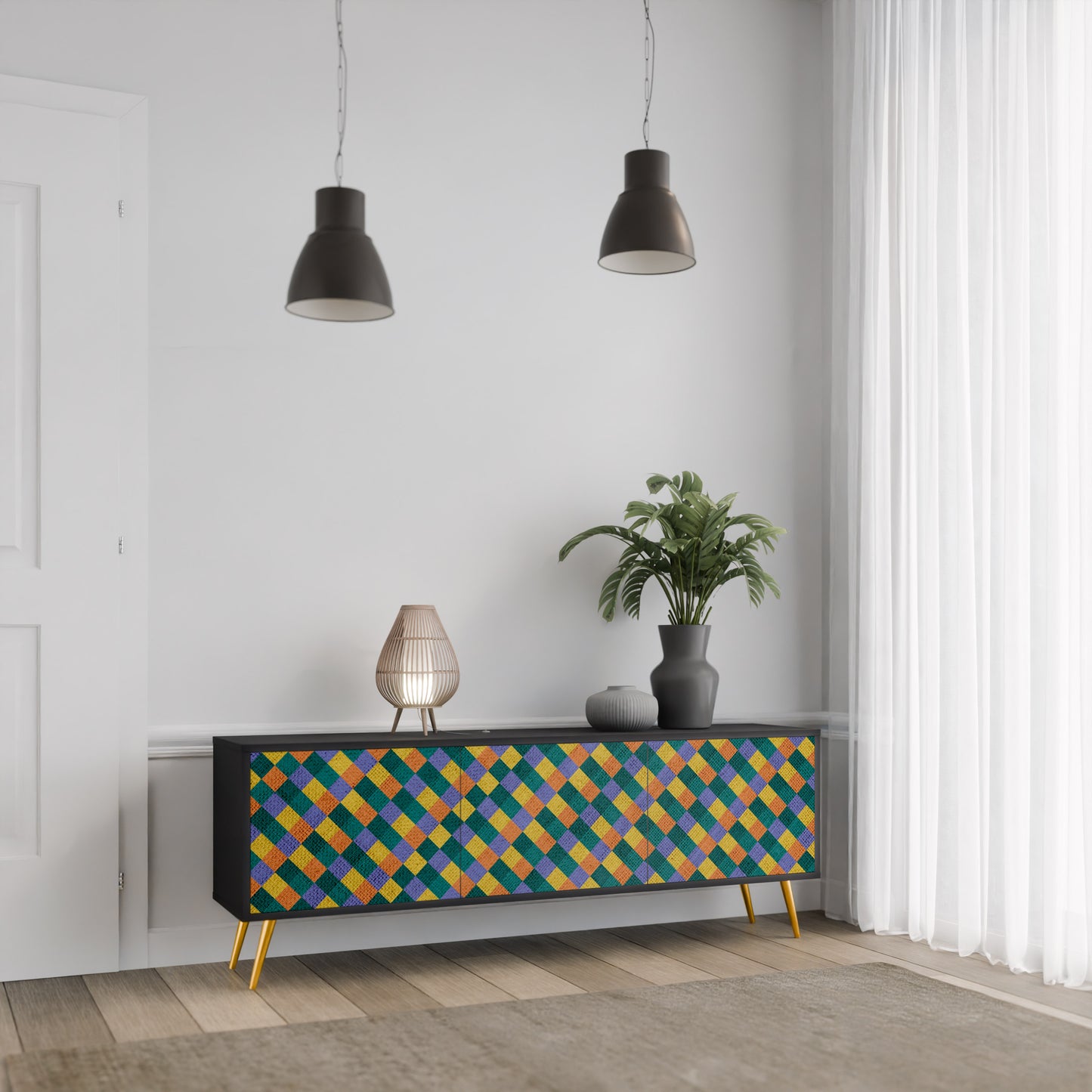 PAINTED SQUARES MIX 3-dörrars TV-bänk i svart finish