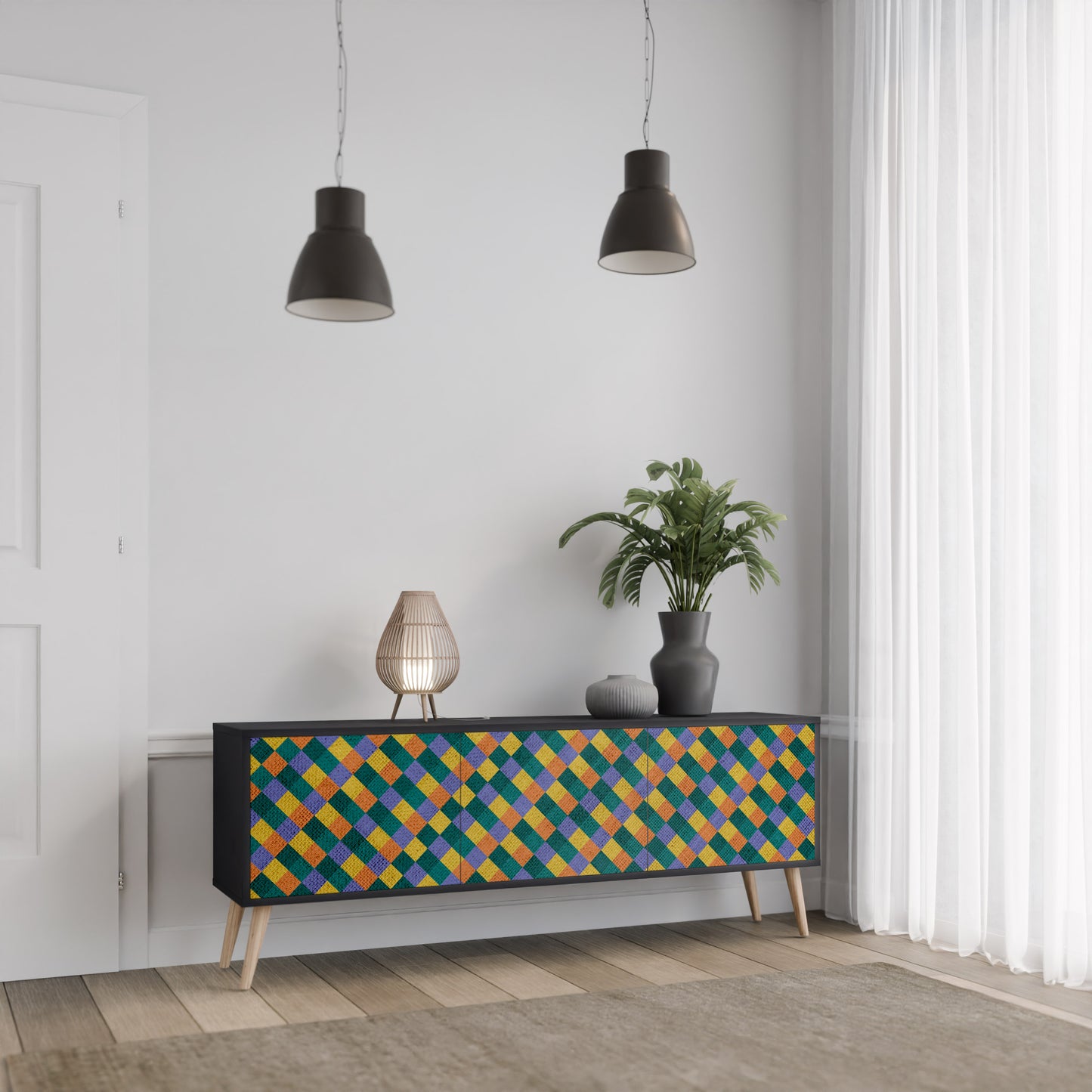 PAINTED SQUARES MIX 3-dörrars TV-bänk i svart finish