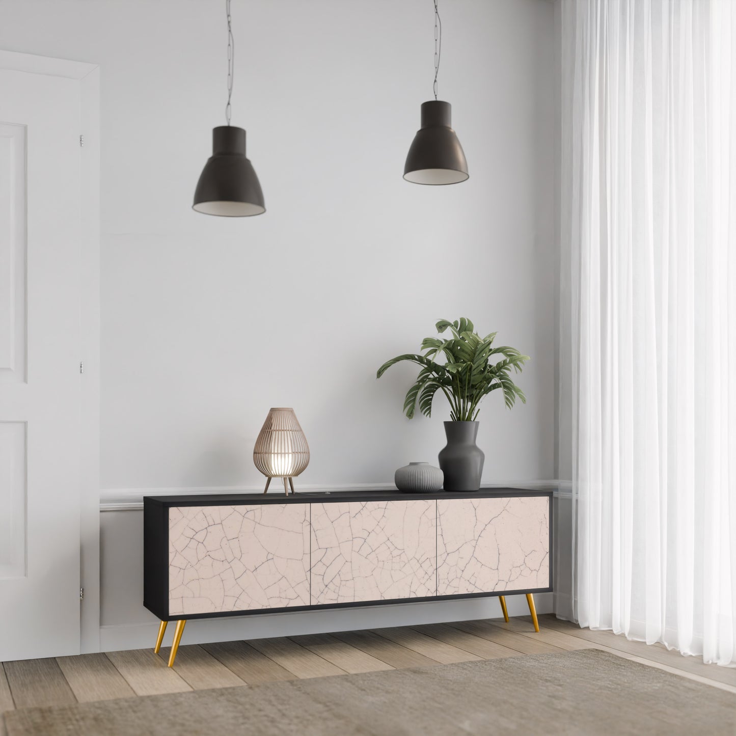CERAMIC TEXTURE 3-dörrars TV-bänk i svart finish
