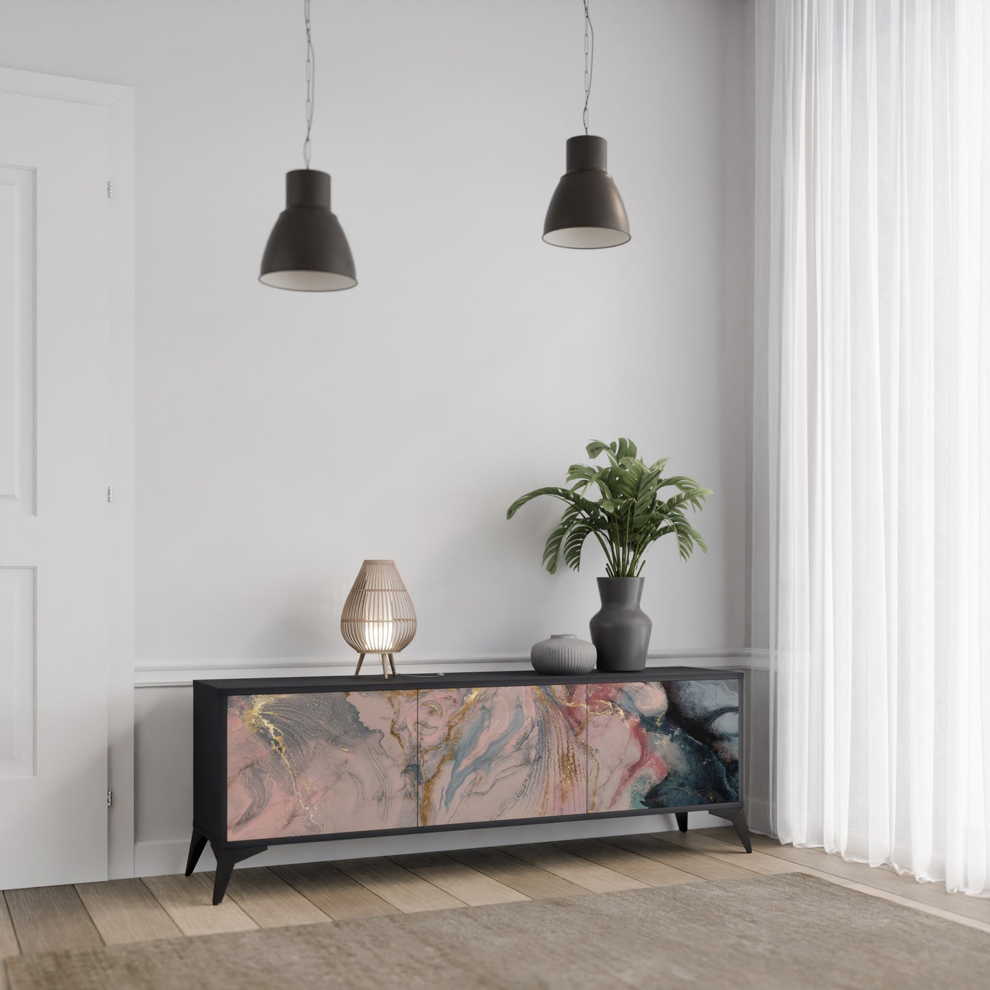 GILDED SWIRLS 3-dörrars TV-bänk i svart finish